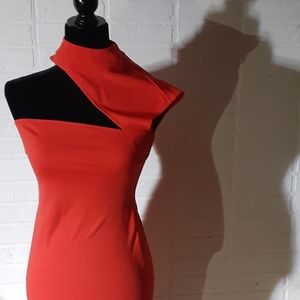 Orange one shoulder cutout dress.